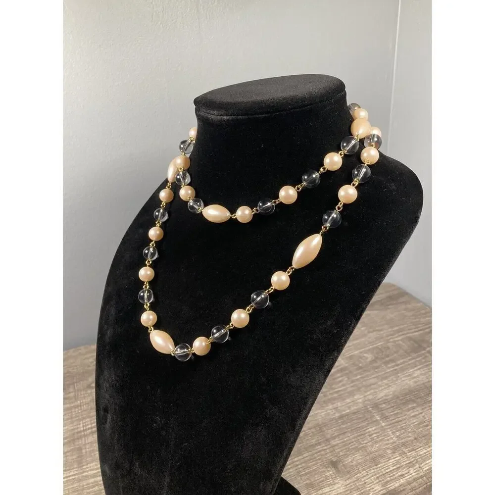 Vintage Monet Faux Pearl Oval Round & Fume Acrylic Beads Necklace 36